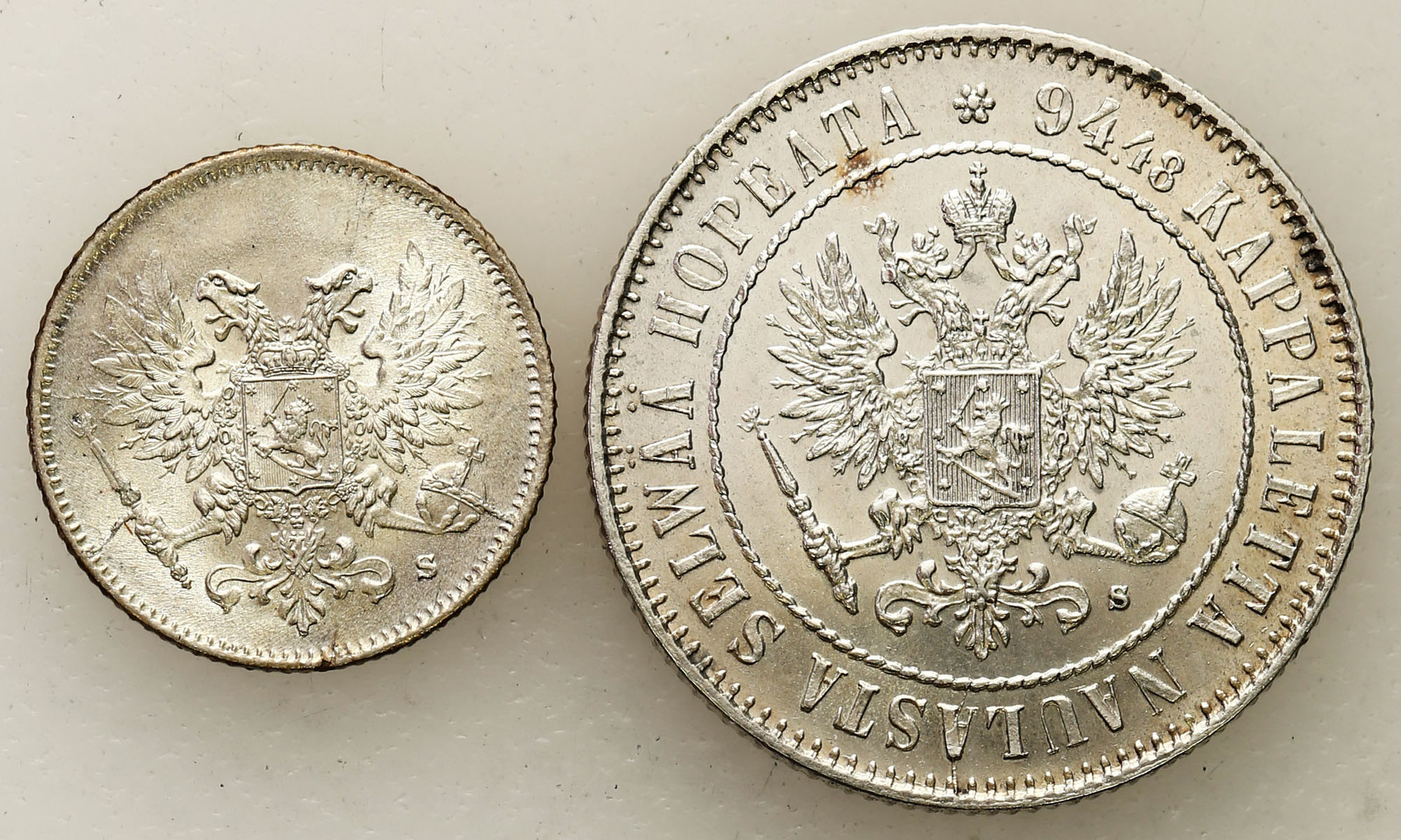 Rosja, Finlandia, Mikołaj II. 25 pennia 1917, 1 markka 1915, zestaw 2 monet